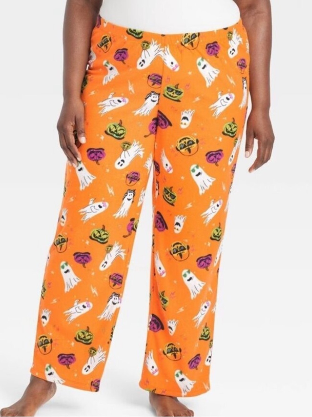 Hyde & Eek 2X Plus-Size Orange Halloween Ghost Print Fleece Lounge Pants